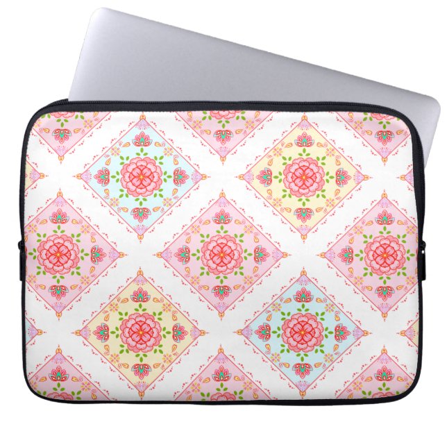 Cute Elegant Floral in Diamond Tiles Pattern Laptop Sleeve (Front)