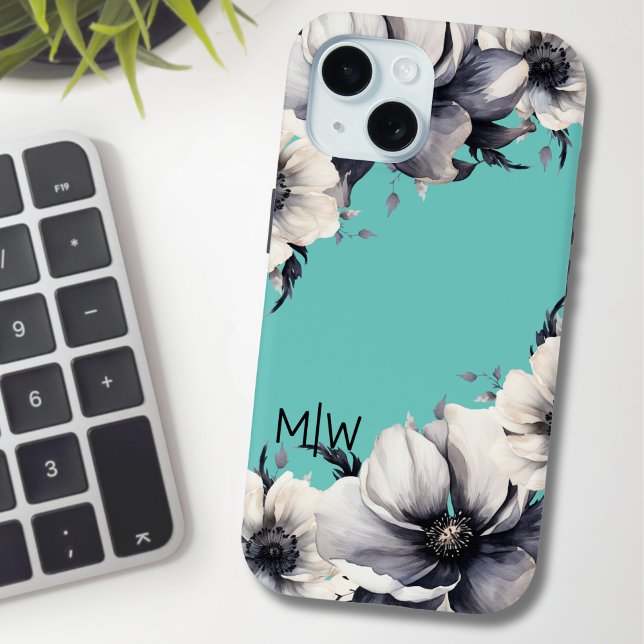 Cute Elegant Floral Monogram Initial Case-Mate iPhone Case (Chic Stylish Floral Teal Blue Black White Monogram Case-Mate iPhone Case)