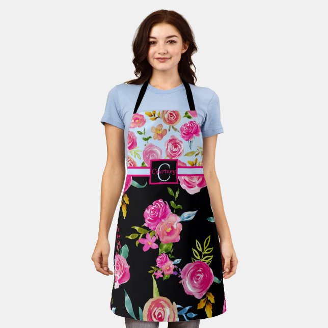 Cute Elegant Floral Personalised Monogram Apron (Worn)