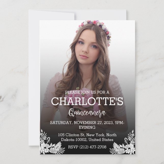 Cute Elegant Floral Quinceanera For Girl Birthday Invitation (Front)