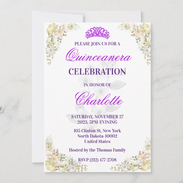 Cute Elegant Floral Quinceanera For Girl Birthday Invitation (Front)