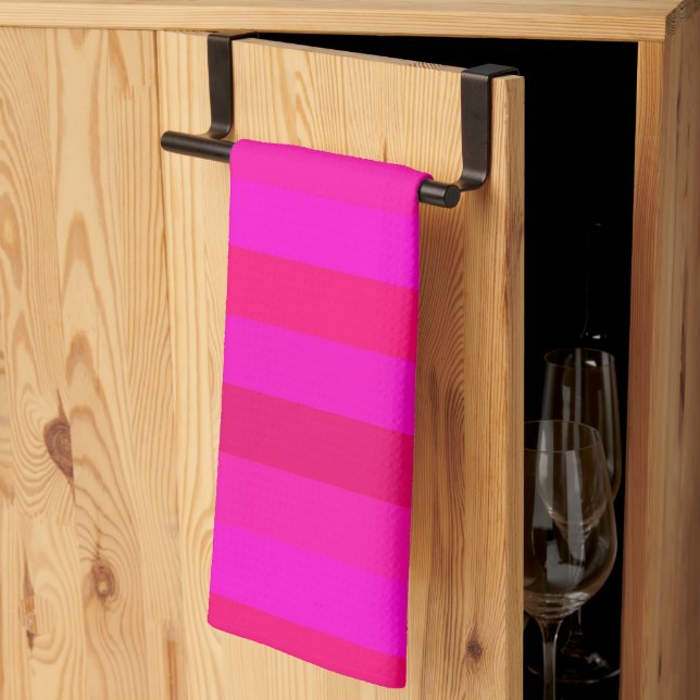 Cute, Elegant Fuchsia, Red, Shocking Pink Stripes Tea Towel (Thirds Fold)
