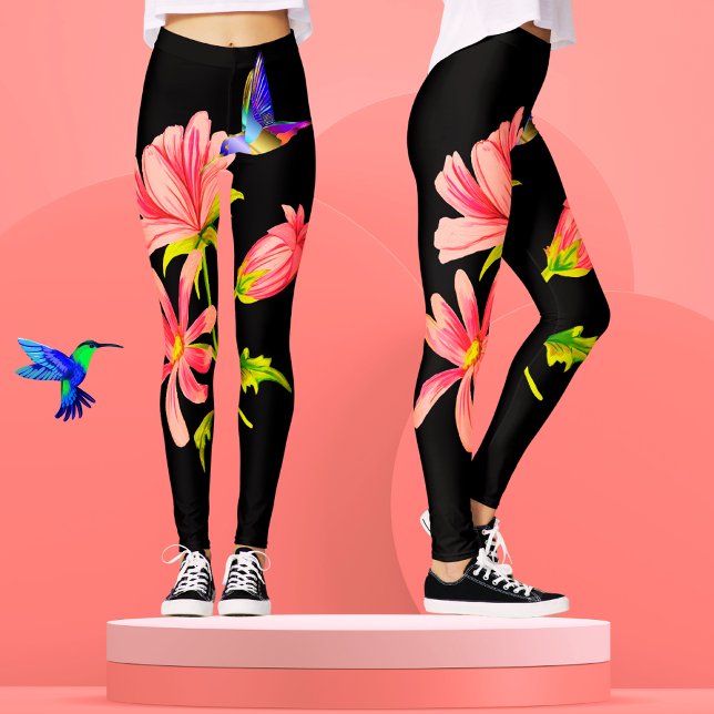 Cute Elegant Girly Black Pink Floral Hummingbird  Leggings (Creator Uploaded)