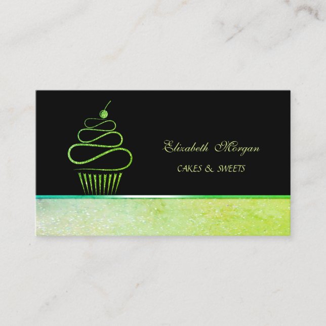 Cute Elegant Green Glitter Cupcake Bakery Business Card (Front)
