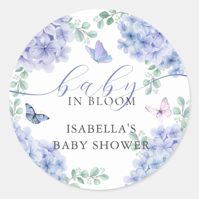 Cute Elegant Hydrangea Floral Garden Baby Shower  Classic Round Sticker (Front)