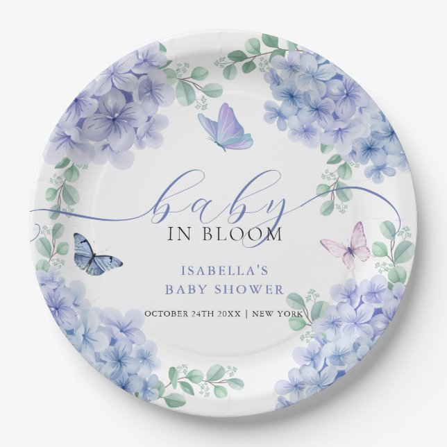 Cute Elegant Hydrangea Floral Garden Baby Shower  Paper Plate (Front)