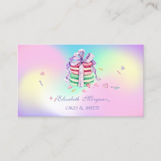 Cute Elegant Macarons,Sweets Bakery Holographic Business Card (Front)