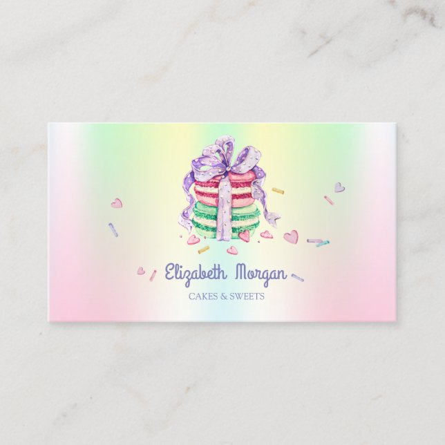 Cute Elegant Macarons,Sweets,Holographic Business Card (Front)