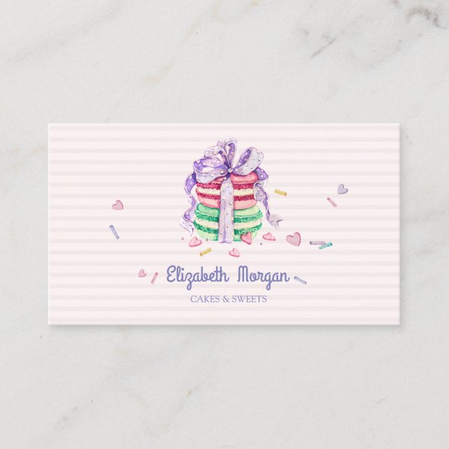 Cute Elegant Macarons,Sweets,Striped Business Card (Front)