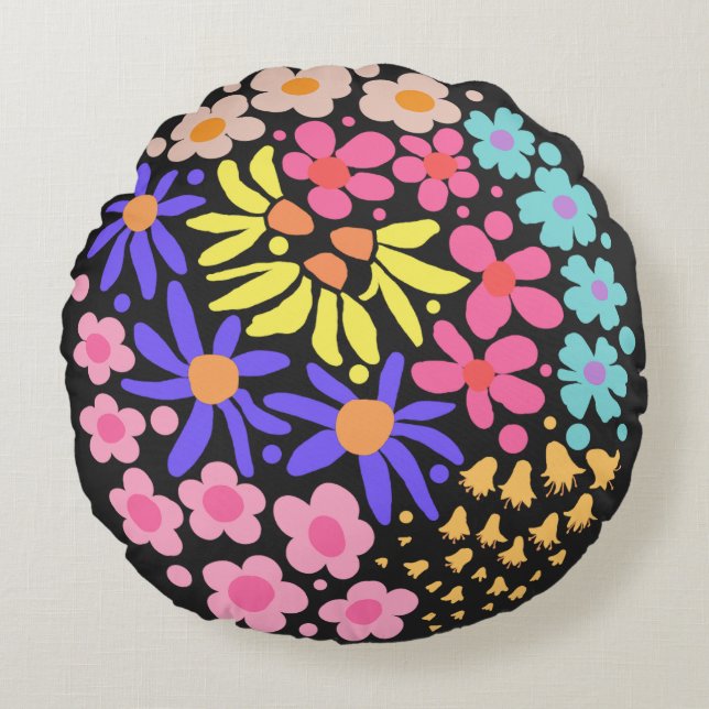 Cute Elegant Modern Retro Flowers Black Round Cushion (Front)