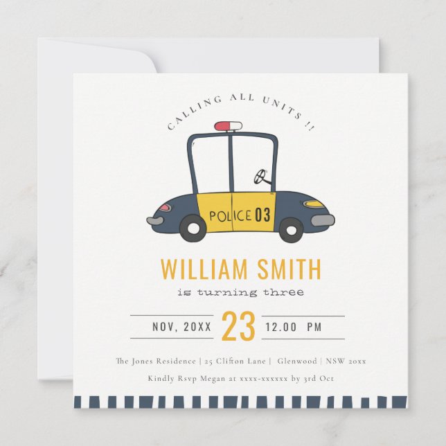 Cute Elegant Navy Police Car Kids Any Age Birthday Invitation (Front)