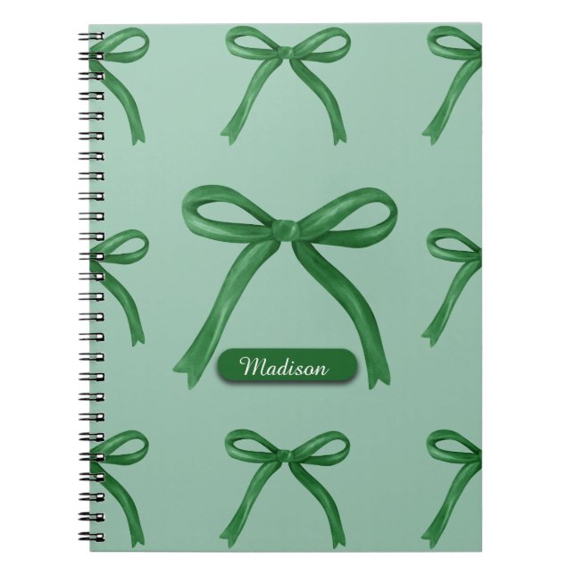 Cute elegant personalised green bow pattern notebook (Front)