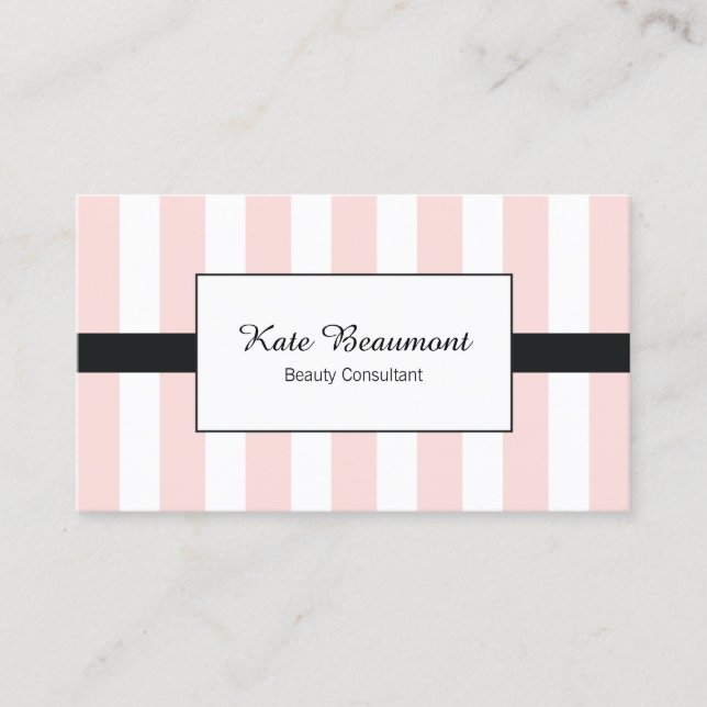 Cute Elegant Pink and White Stripes Business Card (Front)