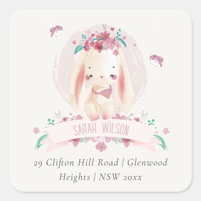 Cute Elegant Pink Floral Bunny & Birds Address Square Sticker (Front)