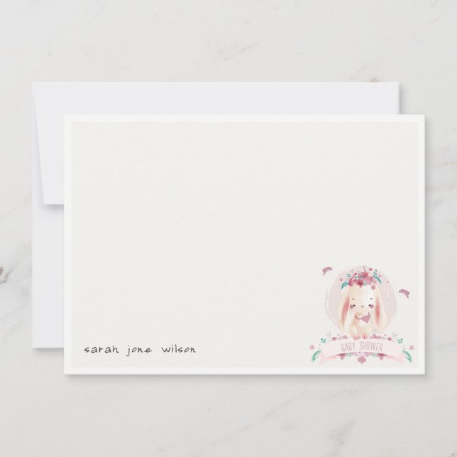 Cute Elegant Pink Floral Bunny & Birds Baby Shower Card (Front)