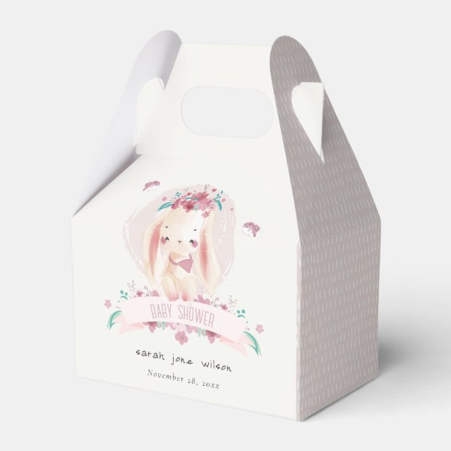 Cute Elegant Pink Floral Bunny & Birds Baby Shower Favour Box (Front Side)