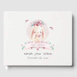 Cute Elegant Pink Floral Bunny & Birds Baby Shower Guest Book