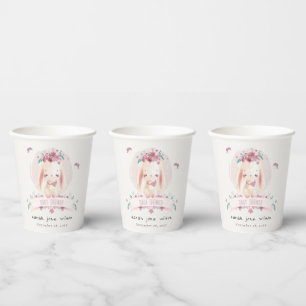 Cute Elegant Pink Floral Bunny & Birds Baby Shower Paper Cups