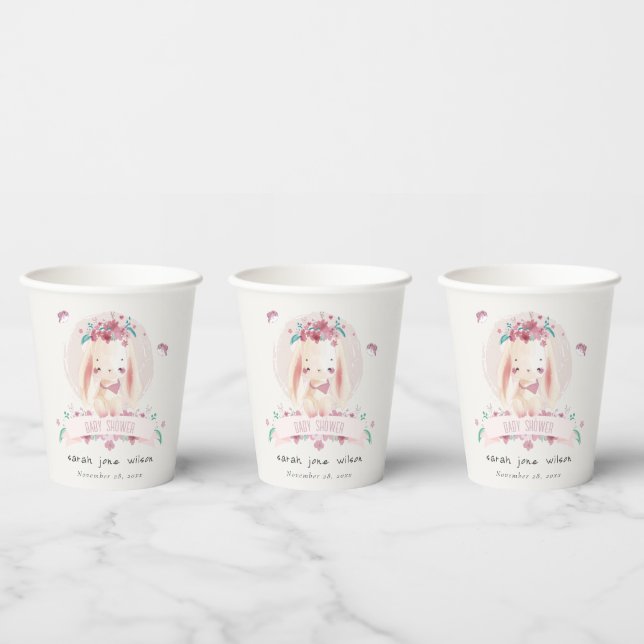 Cute Elegant Pink Floral Bunny & Birds Baby Shower Paper Cups (Multi)