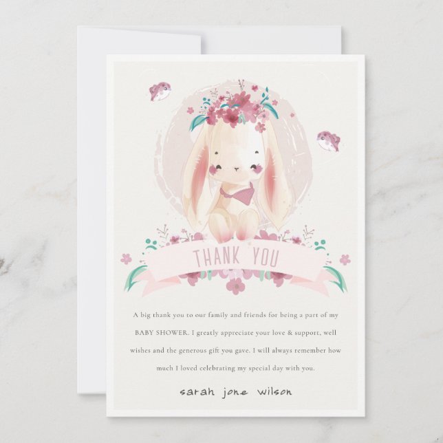Cute Elegant Pink Floral Bunny & Birds Baby Shower Thank You Card (Front)