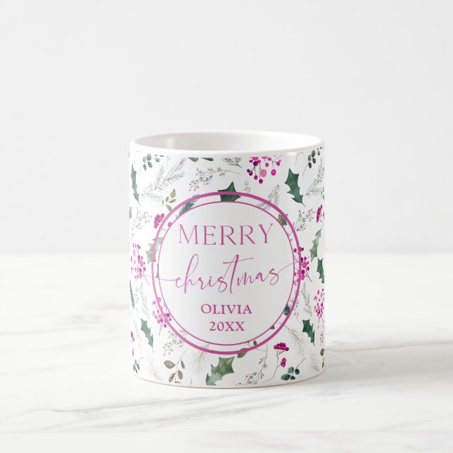 Cute Elegant Pink Holly Berries Christmas Mug (Center)