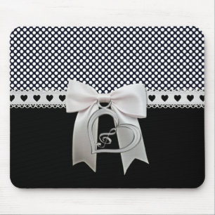 Cute elegant polka dots white ribbon and bow heart mouse mat