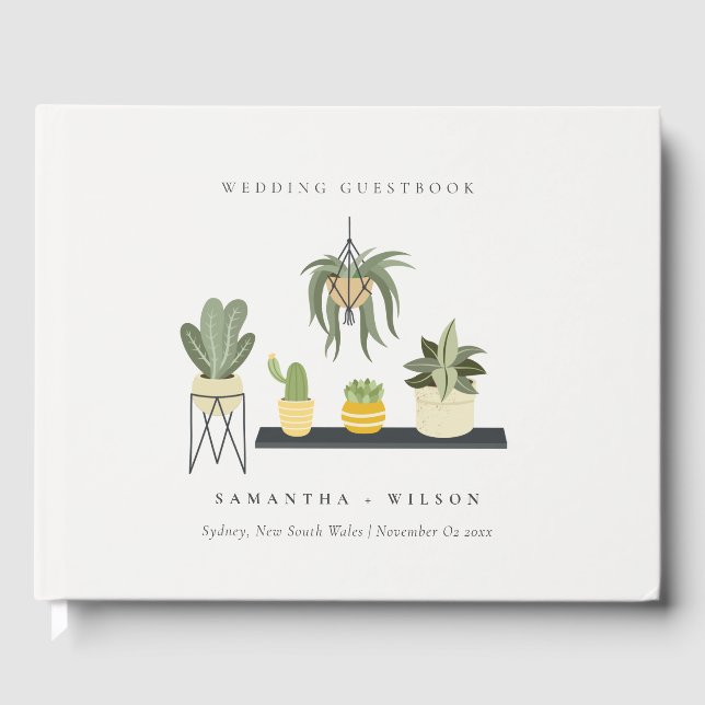 Cute Elegant Potted Leafy Succulent Plants Wedding Guest Book (Front)