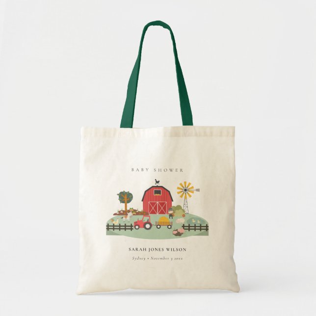 Cute Elegant Red Barnyard Farm Animal Baby Shower Tote Bag (Front)