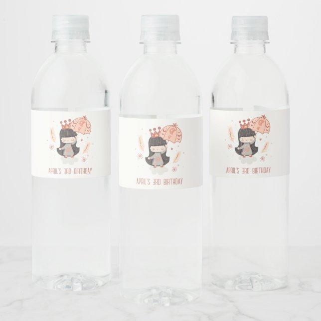 Cute Elegant Rust Boho Princess on Clouds Birthday Water Bottle Label (Bottles)