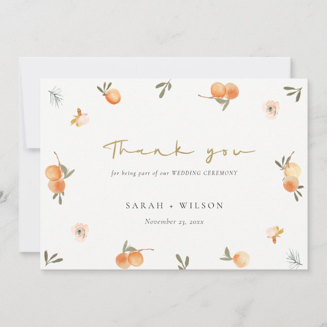 Cute Elegant Soft Orange Green Floral Boho Wedding Thank You Card (Front)
