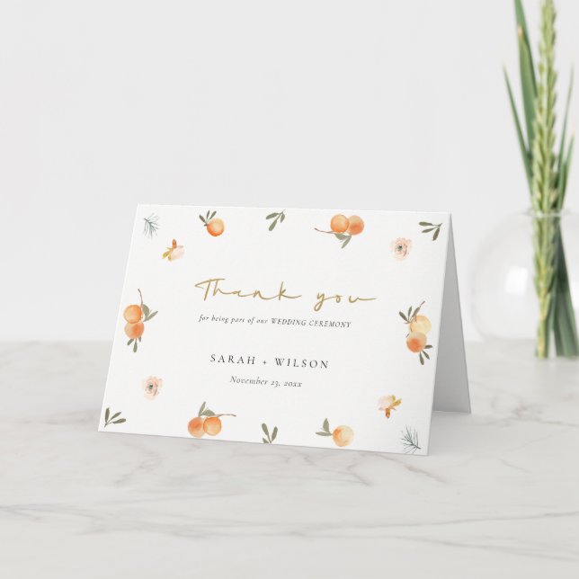 Cute Elegant Soft Orange Green Floral Boho Wedding Thank You Card (Front)