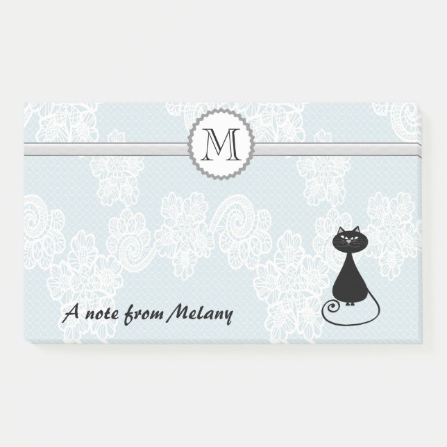 Cute elegant stylish lace black cat monogram post-it notes (Front)