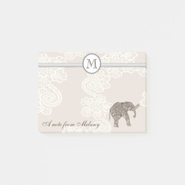 Cute elegant stylish lace elephant monogram post-it notes (Front)
