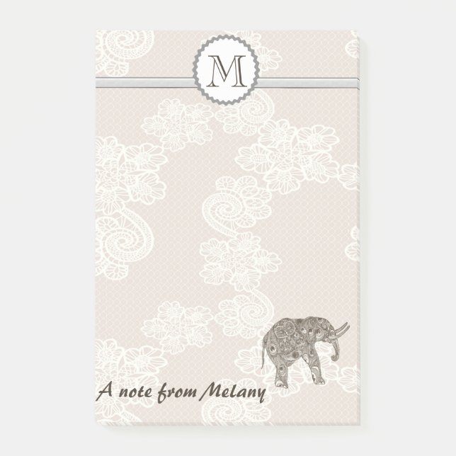 Cute elegant stylish lace elephant monogram post-it notes (Front)