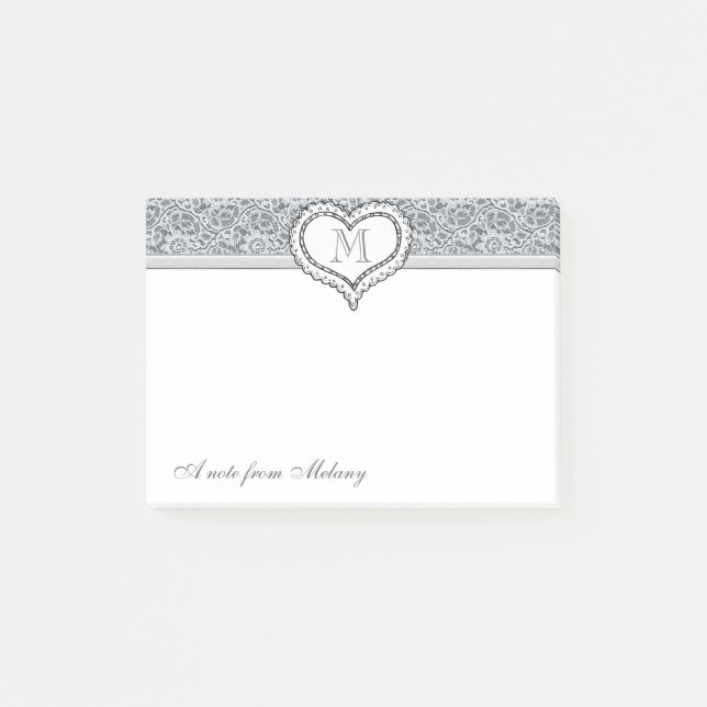 Cute elegant stylish lace heart monogram post-it notes (Front)