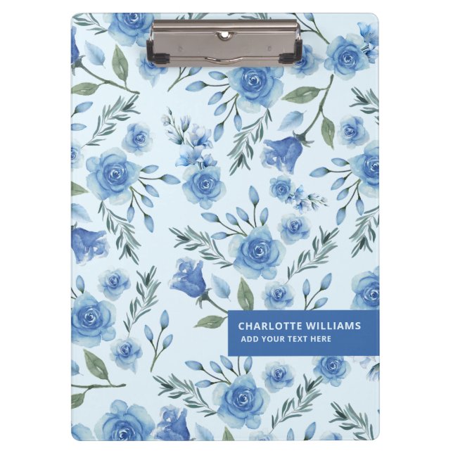 Cute Elegant Watercolor Blue Floral Pattern  Clipboard (Front)