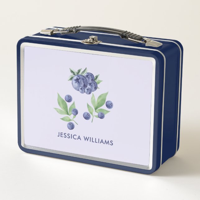Cute Elegant Watercolor Blueberry Fruit Monogram  Metal Lunch Box (Front)