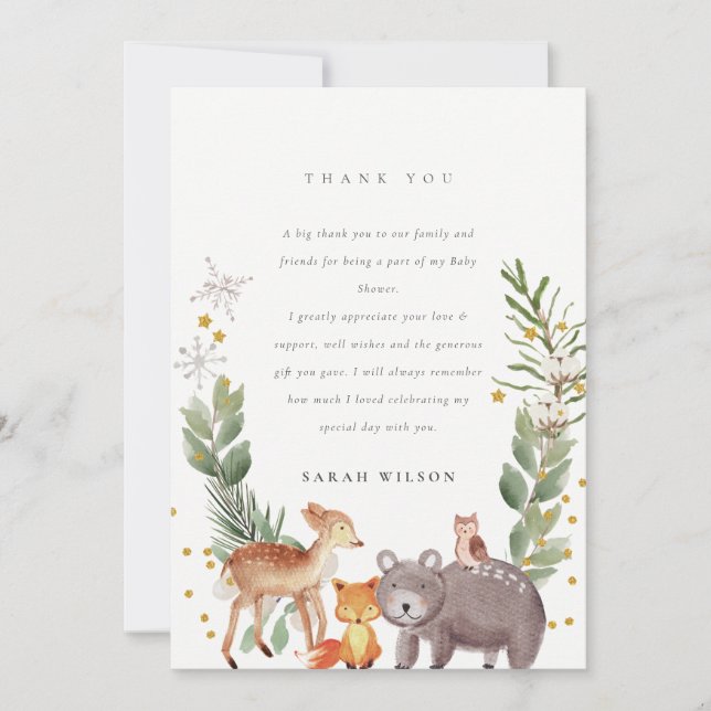 Cute Elegant Woodland Animal Leafy Baby Shower Thank You Card (Front)