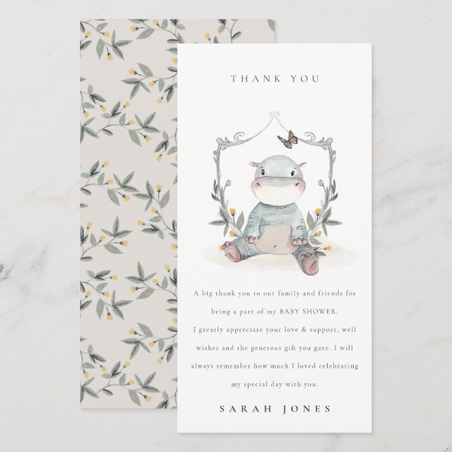 Cute Elegant Yellow Baby Hippo Foliage Baby Shower Thank You Card (Front/Back)