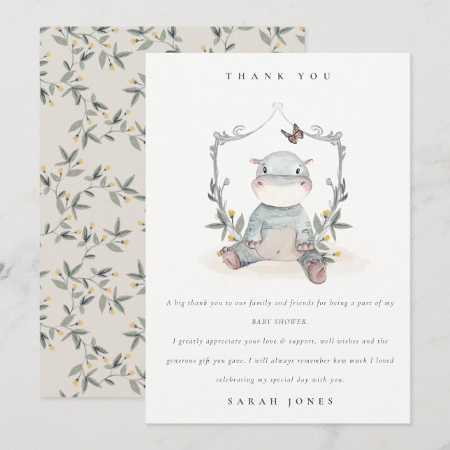 Cute Elegant Yellow Baby Hippo Foliage Baby Shower Thank You Card (Front/Back)