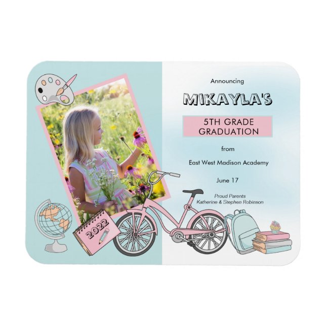 Cute Elementary Photo Pink Blue Graduation Magnet (Horizontal)