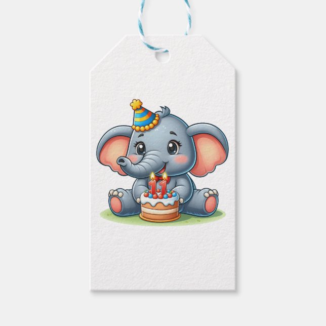 Cute Elephant 11th Birthday Gift Tags (Front)