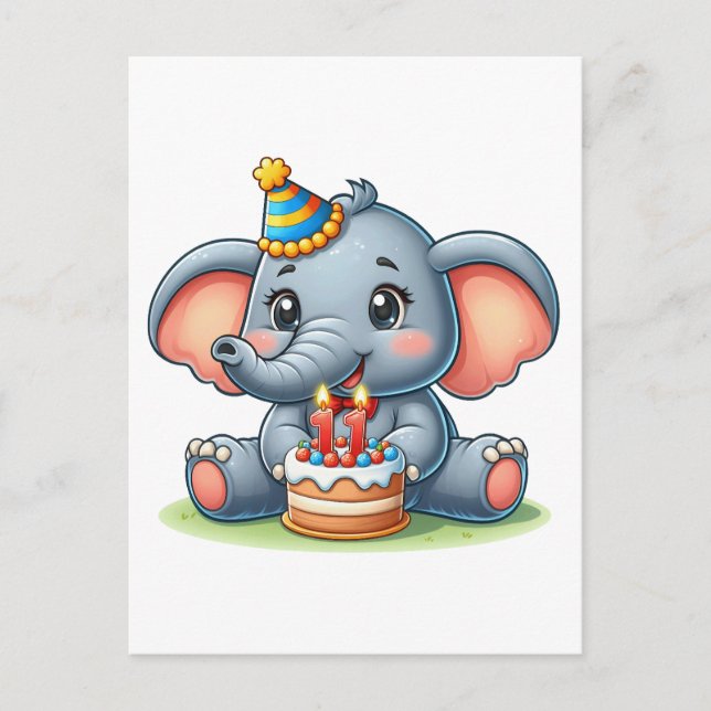 Cute Elephant 11th Birthday Invitation Postcard (Front)