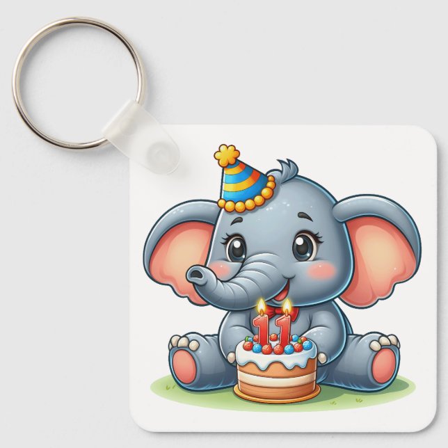 Cute Elephant 11th Birthday Key Ring (Front)