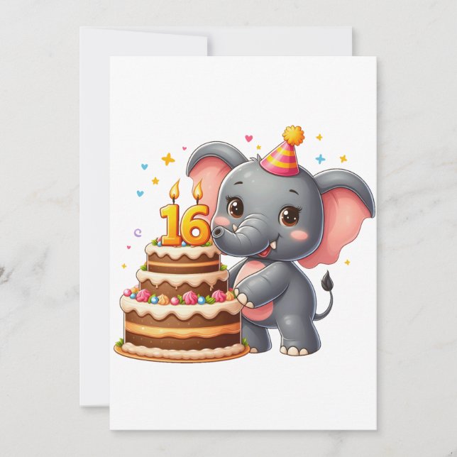 Cute Elephant 16th Birthday Card (Front)