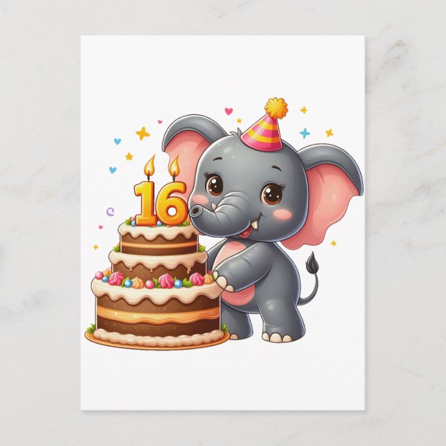 Cute Elephant 16th Birthday Invitation Postcard (Front)