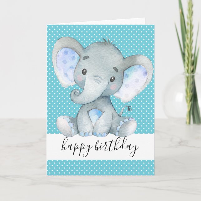 Cute Elephant 1st Birthday Baby Boy Polka Dot Blue Card (Front)