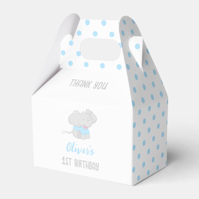 Cute Elephant 1st Birthday Blue Favour Box (Front Side)