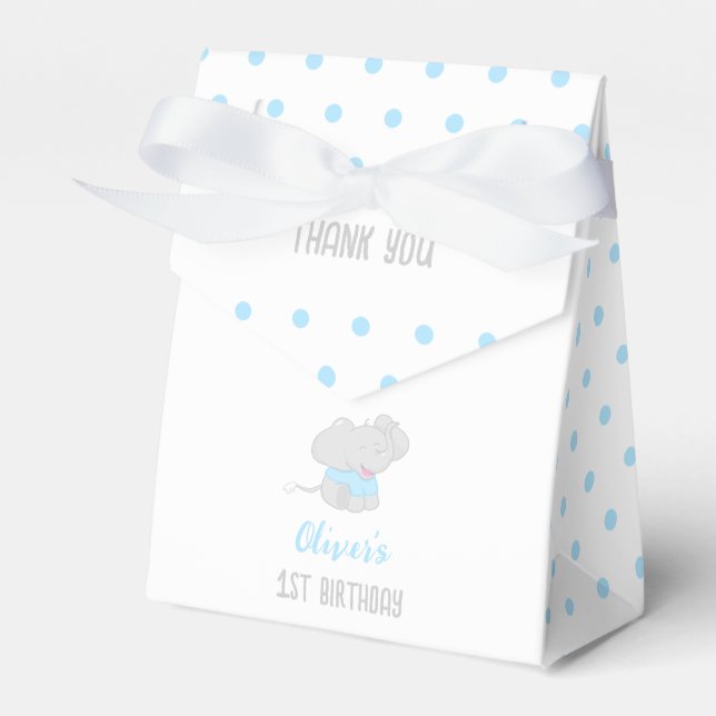 Cute Elephant 1st Birthday Blue Favour Box (Front Side)