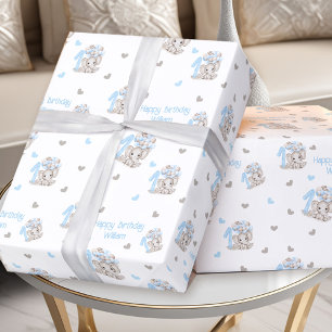 Cute Elephant 1st Birthday Blue Personalised Name Wrapping Paper